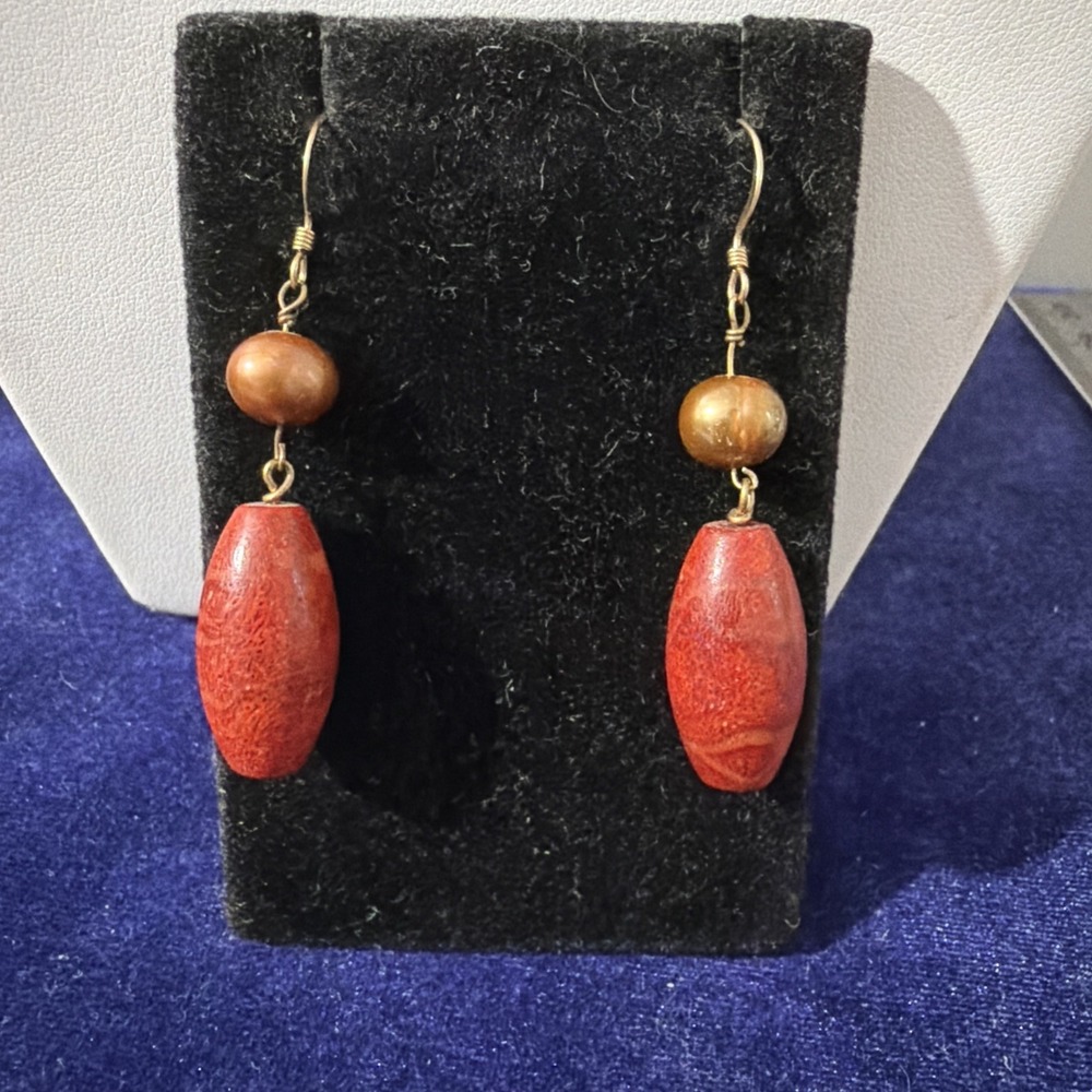 Vintage 14K G.F Red Coral Freshwater Of Pearl Dangle Hook Earrings